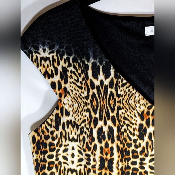 London Times Sleeveless Leopard Print Mini Dress Black Shoulder & Hem Size 6 - Picture 4 of 7